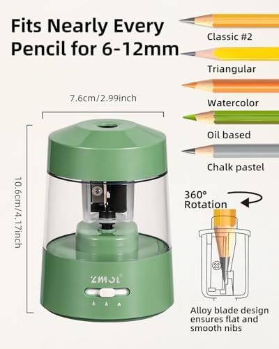 ZMOL Electric Pencil Sharpener Battery Powered, 6-12mm Jumbo Pencils,Green