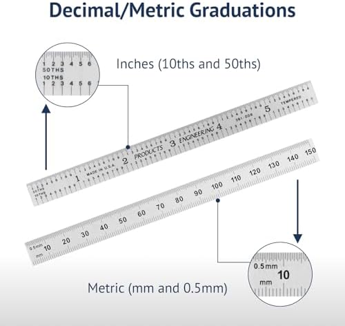 PEC Tools Made in USA Metal Ruler, Decimal/Metric, 6"/150mm, Flexible