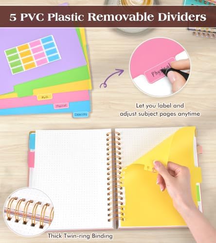 5 Subject Dotted Notebook with Removable Dividers Tabs, 300 Pages Hardcover Leather Dot Grid Spiral Journal, 8"x10" B5 Large Bullet Notebooks for Women Men Work School College Maths Sketching, Pink