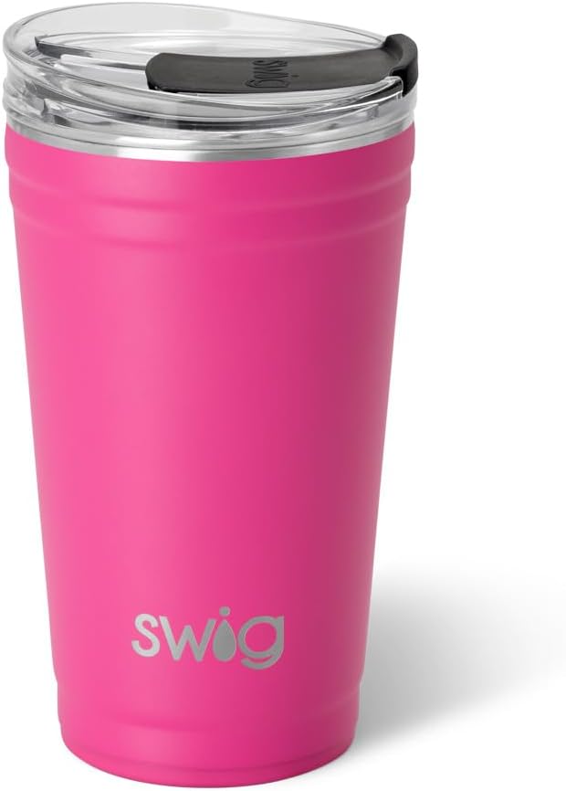 Swig Life 24oz Party Cup, Stackable Insulated Travel Coffee Tumbler with EZ Slider Lid, Cup Holder Friendly, Stainless Steel 24 oz Tumbler, Reusable Coffee Mug (Hot Pink)