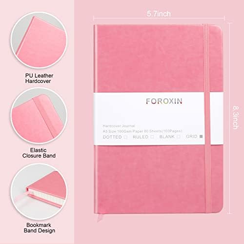 Grid Journal Bullet Notebook - Pink Leather Cover, 8.3 x 5.7Inch, 160 Pages, 100gsm Paper, Hardcover with Inner Pocket, Elastic Closure and Ribbon Bookmark, Great for Women and Men