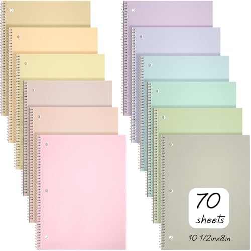 Teling 12 Pcs 1 Subject Spiral Notebook for Work College Ruled 8 x 10 1/2 Inch Spiral Journal Notebook 3 Hole Punched Paper Tear Line 70 Sheets Office School Study Supplies (Macron Color)