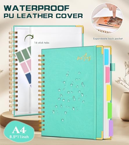 Hardcover Spiral Notebook 8.5"x11" Journal with Removable Dividers Tabs, 300 Pages Organizer Notebooks for Work School, Leather 5 Subject Notebook College Ruled, Large Lined Journal for Women，Aqure