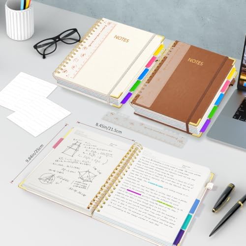 Hardcover Spiral Notebook Journal, 8"x10" Large B5 Notebooks with Removable Dividers Tabs, 300 Pages Leather 5 Subject Notebook College Ruled, Lined Journal for Women Work School Note Taking, White