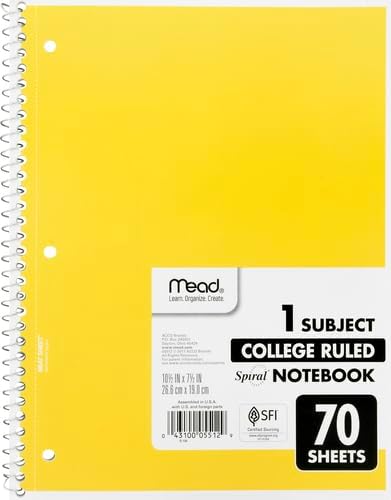 Mead Spiral Notebook, 1 Subject, College Ruled Paper, 70 Sheets, 10-1/2" x 7-1/2", Assorted Colors (05512)