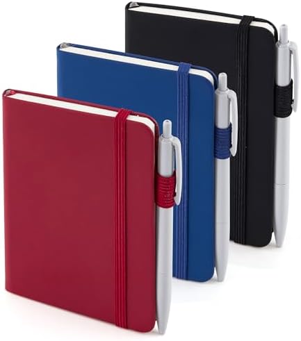 feela Pocket Notebook Notepad, Mini Cute Small Hardcover College Ruled Journals Office School Supplies, with 3 Black Pens, 3.5”x 5.5”, 3 Pack, A6, Vintage Colors, Red, Blue, Black