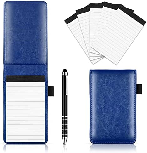 7 Pcs Small Pocket Notepad Holder Set with Pen, Mini Portable Leather Pocket Notebook for offices, schools, restaurants (Blue)
