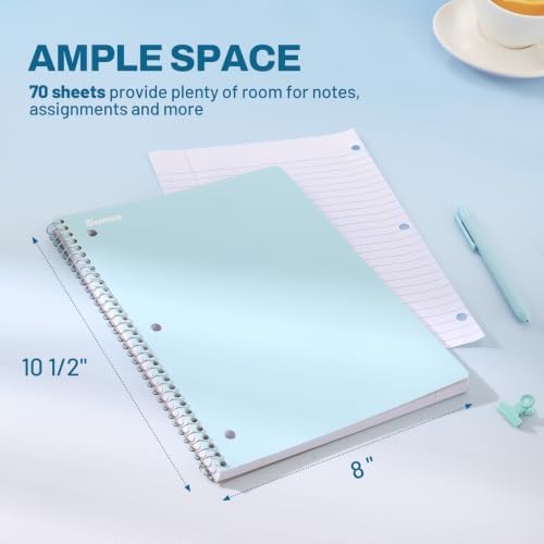 SUNEE Spiral Notebooks, 3 Pack, 1-Subject, College Ruled Paper, 8" x 10-1/2", 70 Sheets per Notebook, Blue