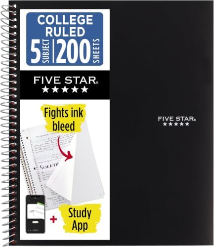 Five Star Spiral Notebook + Study App,5 Subject,College Ruled Paper,8-1/2" x 11",200 Sheets,Fights Ink Bleed,Water Resistant Cover,Black (72081),(Pack of 6)