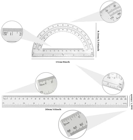 2 Packs 12 Inch Plastic Ruler and 6 Inch Plastic Protractor Set Clear Math Geometry Set Classroom Set Angle Detector School Supplies Classroom Ruler Home Office Drawings (Transparent)