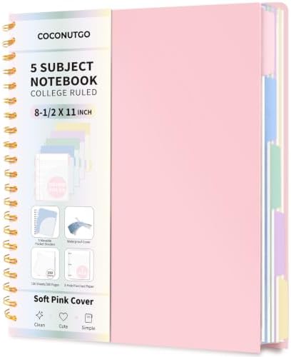 5 Subject Spiral Notebook, College Ruled, 150 Sheets, Pink Plastic Cover, 5 Movable Pastel Tab Dividers with Pockets, 3-Hole Punched, 75gsm Paper, Writable Stickers, Fits 8.5 x 11 in Paper