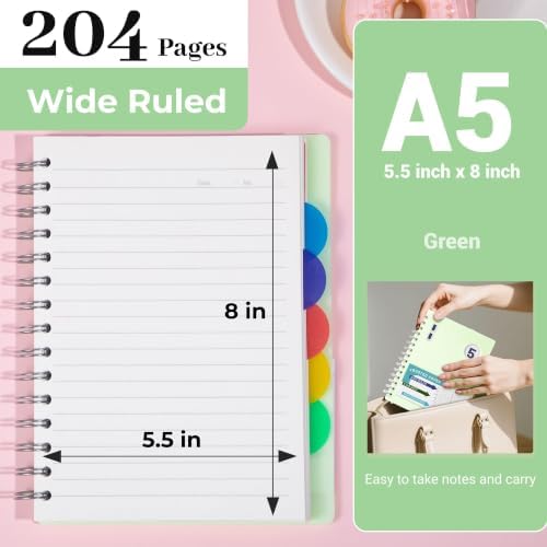 Spiral Notebook with Dividers & Tabs ,5 Subject Notebook,5x7,Green