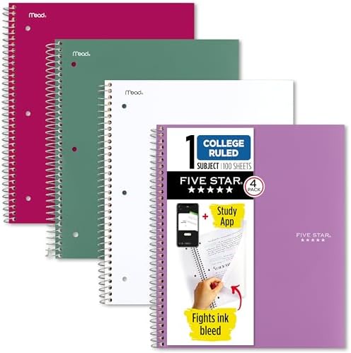 Five Star Spiral Notebook + Study App, 100 Sheets, 1 Subject, College Ruled Paper, Fights Ink Bleed, Water Resistant Cover, 820337-ECM, Purple, Pink, White & Green, 8-1/2" x 11", 4 Pack