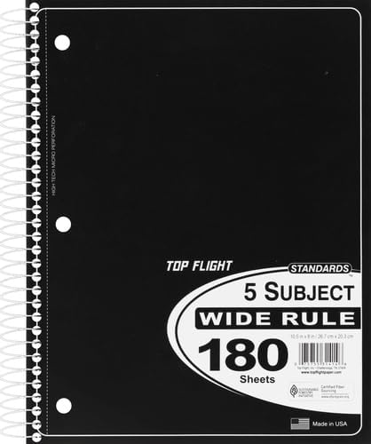 Top Flight Standards 5-Subject Wirebound Notebook, 180 Sheets, 3-Hole Punched, Wide Rule, 10.5 x 8 Inches, 1 Notebook, Color May Vary (31414)