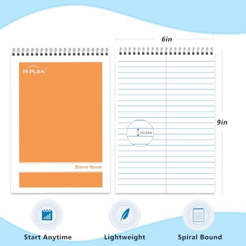 Yeplan Top Spiral Notebook 6x9 10 Pack, Steno Pads Spiral Notebooks with Gregg Ruled White Paper, Notebooks & Writing Pads for School, College, Work, Office, Home, 60 Sheets, 5 Assorted Colors