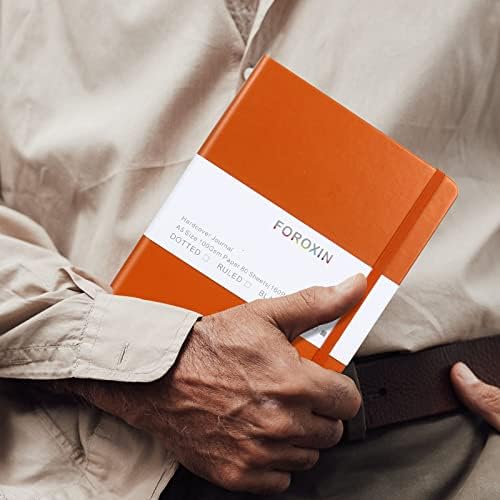 Grid Journal Bullet Notebook - Orange Leather Cover, 8.3 x 5.7Inch, 160 Pages, 100gsm Paper, Hardcover with Inner Pocket, Elastic Closure and Ribbon Bookmark, Great for Women and Men