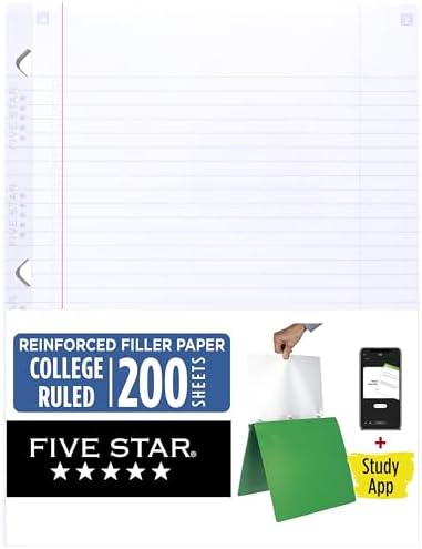 Five Star Loose Leaf Paper + Study App, College Ruled Filler Notebook Paper, Reinforced, Fights Ink Bleed, 8-1/2" x 11", 200 Sheets (170054-ECM)