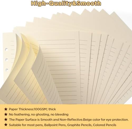 Beige A5 6-Hole Lined Loose Leaf Refill Paper-Fits A5 6-Ring Binder, 100GSM Thick No Bleed-through Sheets, Double Sided Writing for Fountain Pen & Gel Pen