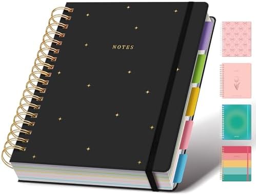 Hardcover Spiral Notebook Journal for Women & Men, Cute 5 Subject Notebook College Ruled for School & Work, Black Journaling Notebooks with Removable Dividers Tabs, 8" x 10", 300 Pages, Night Stars
