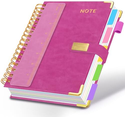 Hardcover Spiral Notebook 6.2''x 8.2'' College Ruled Notebook with Magnetic Closure, 300 Pages 5 Subject Notebooks with Pocket Dividers for Work School, A5 Leather Journal for Women, Men (Rose Purple)