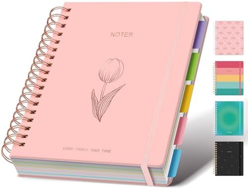 Hardcover Spiral Notebook Journal for Women & Men, Cute 5 Subject Notebook College Ruled for School & Work, Pink Journaling Notebooks with Removable Dividers Tabs, 8" x 10", 300 Pages, Tulip
