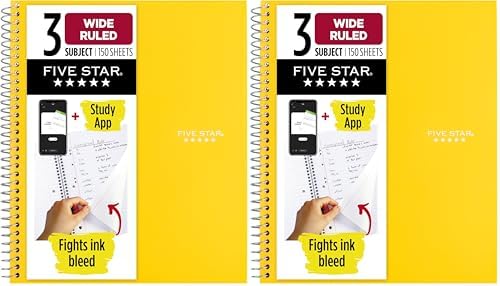Five Star Spiral Notebook, 3 Subject, Wide Ruled, 150 Sheets | 10-1/2" x 8" Size | Harvest Yellow | Pack of 2 | Study App
