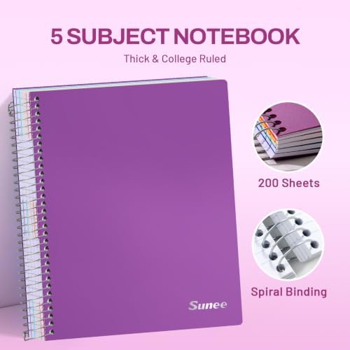 SUNEE 5 Subject Notebook College Ruled - 400 Pages, 9"x11", 5 Pocket Colored Dividers, 3-Hole Punched Paper, Dark Purple