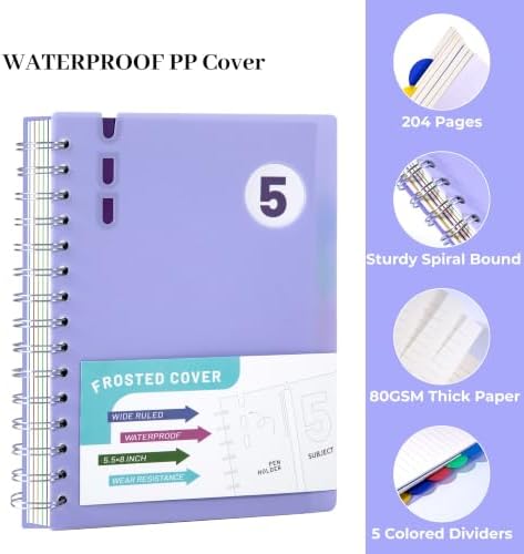 FLYING EAGLE 5 Subject Spiral Notebook with Dividers & Tabs,3 Pack,5x7
