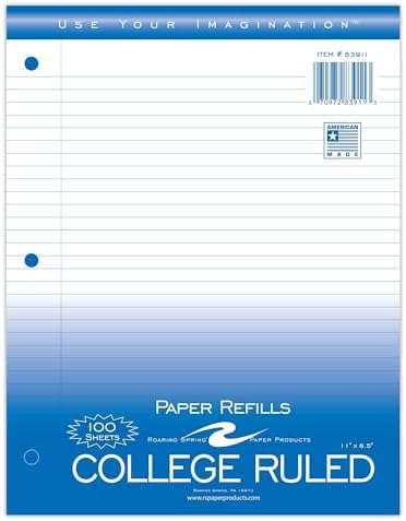 Roaring Spring Loose Leaf Paper, 100 Sheets, 8"x11" White 15# College Ruled Notebook Filler Paper With Margin, 3-hole Punched, Proudly Made in the USA