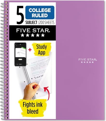 Five Star Spiral Notebook + Study App, 5 Subject, College Ruled Paper, 8-1/2" x 11", 200 Sheets, Fights Ink Bleed, Water Resistant Cover, Amethyst Purple (38748), 1 Count (Pack of 6)