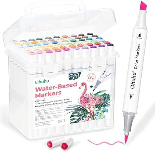 Ohuhu Adult Coloring Books Markers 60 Colors Water-based Dual Tips No Bleed