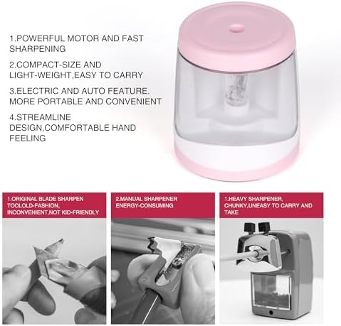 Electric Pencil Sharpener Powered by Battery Powerful Stall-Free Motor,Compact Manual Pencil Sharpener for Kids, High Capacity Shavings Tray,Affordable Gift, for Pencils (6-8mm)