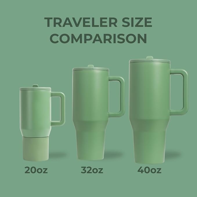 HydroJug Traveler - 40 oz Water Bottle with Handle & Flip Straw - Fits in Cup Holder, Leak Resistant Tumbler-Reusable Insulated Stainless Steel & Rubber Base - Gifts for Women & Men, Sage