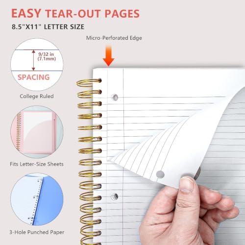 5 Subject Spiral Notebook, College Ruled, 150 Sheets, Pink Plastic Cover, 5 Movable Pastel Tab Dividers with Pockets, 3-Hole Punched, 75gsm Paper, Writable Stickers, Fits 8.5 x 11 in Paper