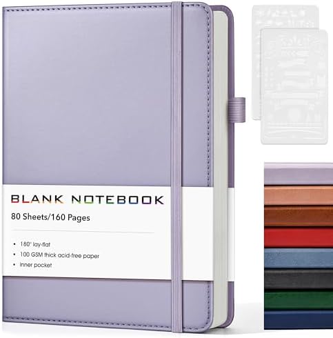 Journal Notebook, A5 Leather Hardcover Blank Sketchbook, 160 Pages, 180° Lay-Flat Binding, 100 GSM Thick Paper, for Sketching, Drawing, Art Journaling & Creative Writing (Purple)