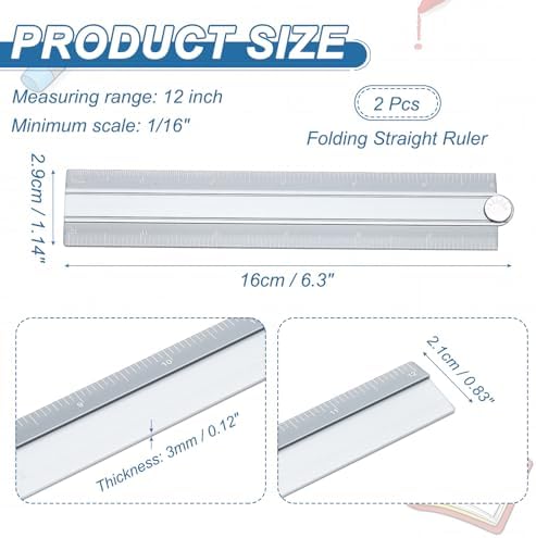 HARFINGTON 2pcs Folding Straight Ruler 12" SAE Aluminum Alloy Protractor Foldable Angle Ruler Geometric Measuring Tool with Angle Line for Architects Artists Designers Classroom Office, Gray