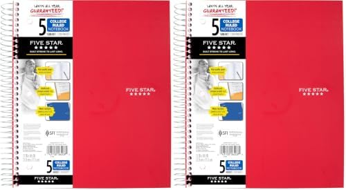 Five Star Spiral Notebook + Study App, 5 Subject, College Ruled Paper, 8-1/2" x 11", 200 Sheets, Fights Ink Bleed, Water Resistant Cover, Fire Red (72077) (Pack of 2)