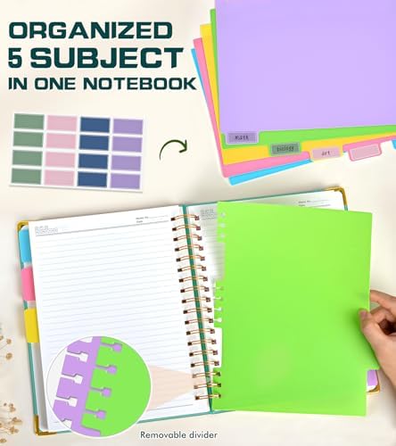 5 Subject Spiral Notebook Journal with Removable Dividers Tabs, 300 Pages Organizer Notebooks for Work School, 8"x10" Hardcover Leather Notebook College Ruled, Large Lined Journal for Women Men,Aqure