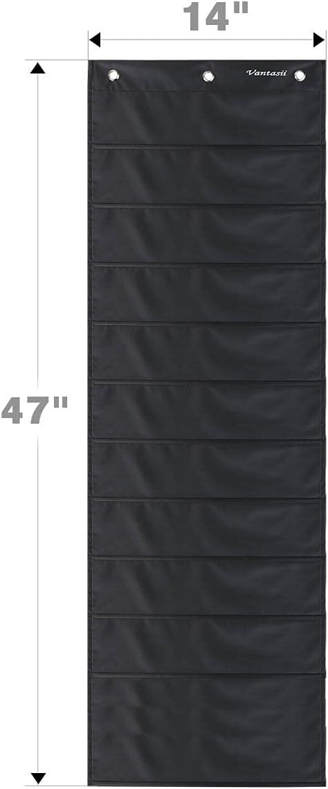 Vantasii Organization Pocket Chart, Wall Hanging File Organizer Folder with 10 Large Pockets for Office, Home, School, Studio, etc. 14 X 47 inch, Black, 3 Hangers and 4 Hooks