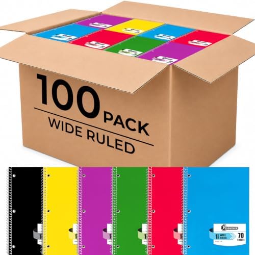 Rosmonde 100 Pack Bulk Spiral Notebook, 1 Subject Wide Ruled, 70 Sheets