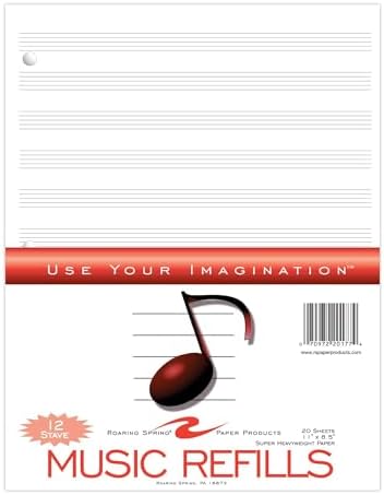 Roaring Spring Loose Leaf Music Filler Paper, 20 Sheets 8.5"x11" with 12 Staves of Music Lines, Heavyweight 24# Smooth White Paper, 3 Hole Punched (Pack of 1)