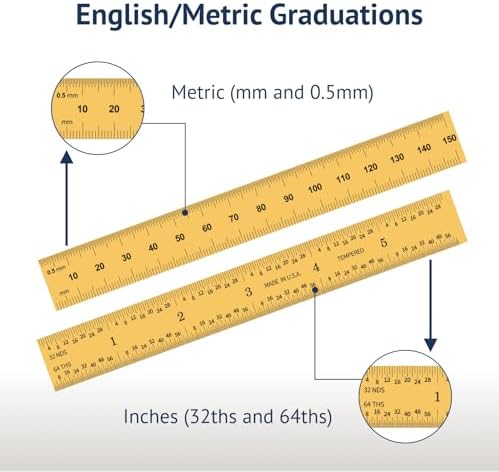 PEC Tools 6"/150mm TiN Coated Metal Ruler, Rigid, English & Metric