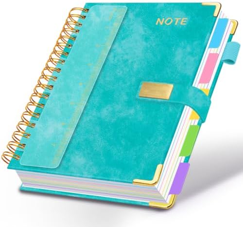 Hardcover Spiral Notebook 6.2''x 8.2'' College Ruled Notebook with Magnetic Closure, 300 Pages 5 Subject Notebooks with Pocket Dividers for Work School, A5 Leather Journal for Women, Men (Purple)