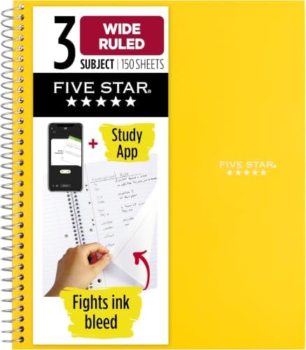 Five Star Spiral Notebook + Study App, 3 Subject, Wide Ruled Paper, 8" x 10-1/2", 150 Sheets, Fights Ink Bleed, Water Resistant Cover, Harvest Yellow (73463) (Pack of 6)