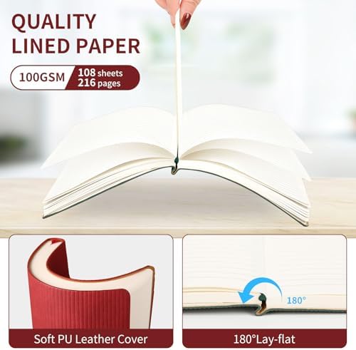 A5 Lined Notebook with Pen & Gift Box 216 Pages PU Leather Journals for Women Men 100GSM Thick Paper College Ruled Notebook for School,Travel,Business,Work,Home Writing