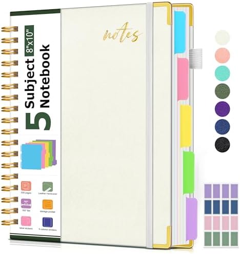 Hardcover Spiral Notebook 8.5"x11" Journal with Removable Dividers Tabs, 300 Pages Organizer Notebooks for Work School, Leather 5 Subject Notebook College Ruled, Large Lined Journal for Women，White