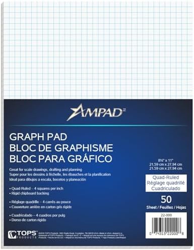 Ampad Quadrille Graph Paper Pad, 4x4 Quad Ruled, 8.5 x 11, 1 Pad