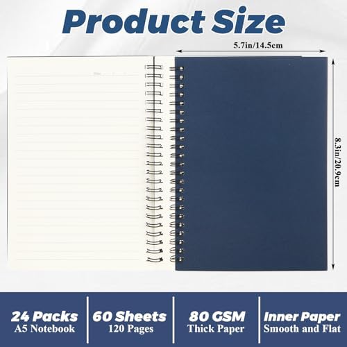 MIVIDE 24 Pack A5 Spiral Notebook, 8.3 x 5.7 Inch, 6 Color, 120 pages /60 sheets Hardcover Spiral Lined Notebook Journal, Lined Travel Bulk Writing Paper Notebook for School Business Office Supplies