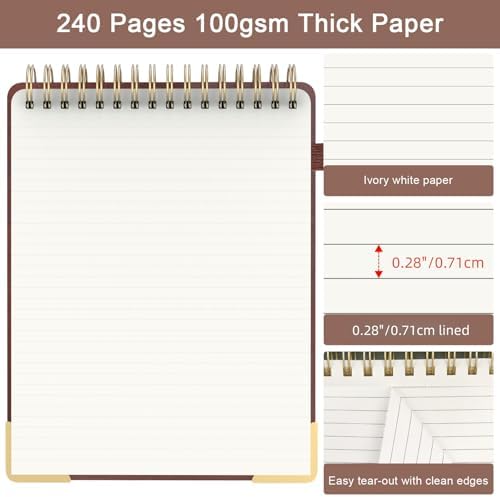 A4 Top Spiral Notebook, Tree Pattern Large Leather Hardcover Left Handed Journal, 240 Pages 100 Gsm Lined Paper Top Bound Steno Pads for Work, School, Travel Writing - Brown, 8.5" x 11"