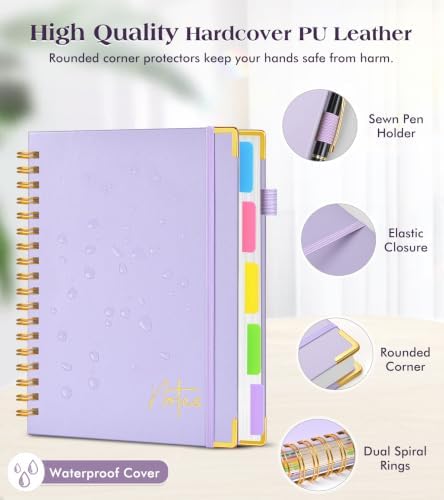 5 Subject Graph Paper Notebook with Removable Dividers Tabs, 300 Pages Hardcover Leather Grid Spiral Journal, 8"x10" B5 Large Graphing Notebooks for Women Men Work School College Engineering, Purple